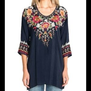 Johnny Was Blue Embellished 3/4 Sleeve Blouse
